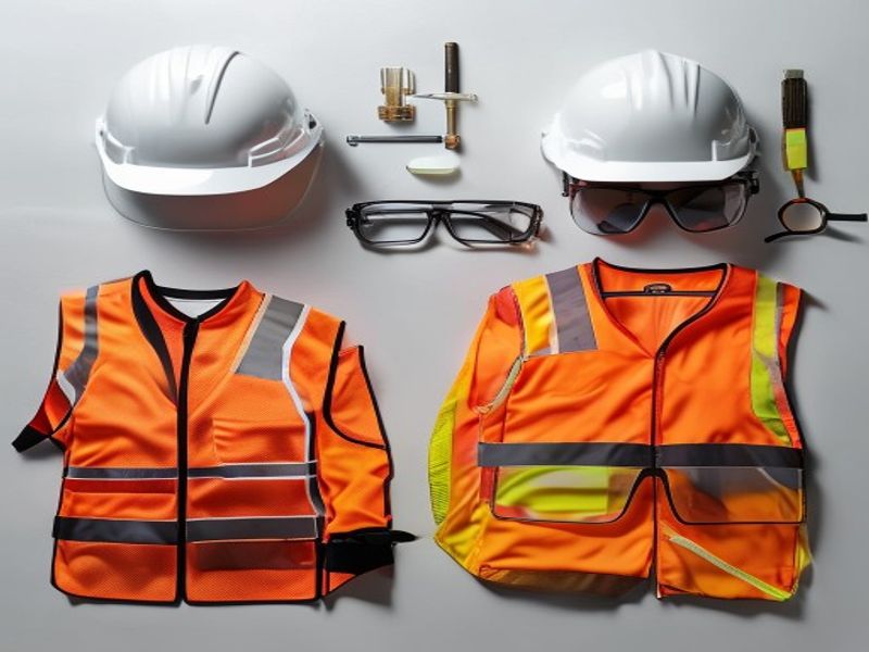 Arbeitsschutz-Set: Helm, Weste, Schuhe Gr. 43